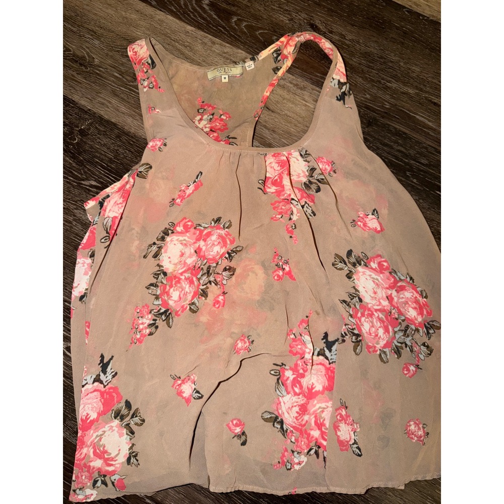 Guess Los Angeles Womens Floral Chiffon Racerback Tank Top Taupe Pink Size M